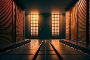 a hallway with wooden shutters and a light. AI-Generated photo