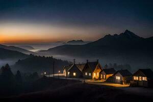 un casa en el montañas a puesta de sol. generado por ai foto