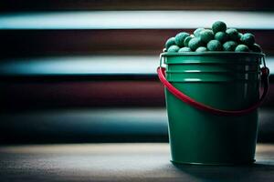 un verde Cubeta lleno con verde frijoles. generado por ai foto