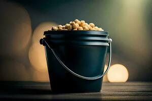 a bucket filled with peanuts on a wooden table. AI-Generated photo