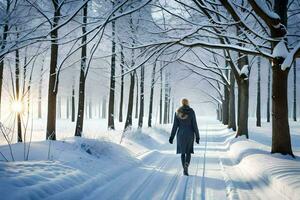 woman walking in the snow in a forest. AI-Generated photo