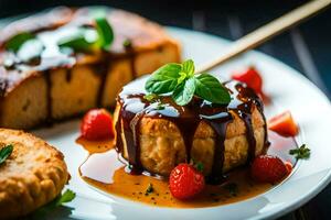 un plato coronado con un postre y un tenedor. generado por ai foto