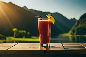 a glass of red juice on a table in front of a lake. AI-Generated photo