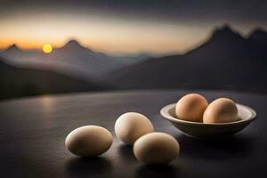 huevos en un cuenco en un mesa con montañas en el antecedentes. generado por ai foto