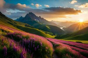 the sun rises over the mountains and the purple flowers bloom. AI-Generated photo