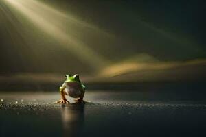 un rana sentado en el suelo en el oscuro. generado por ai foto