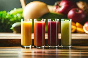 five different juices are lined up on a table. AI-Generated photo