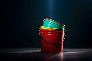 a stack of three colorful buckets on a dark background. AI-Generated photo