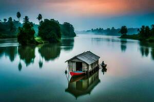 the boat house on the river. AI-Generated photo