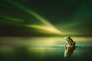 a frog sitting on the water with a green light behind it. AI-Generated photo