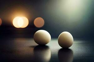 two eggs are sitting on a table in front of a candle. AI-Generated photo