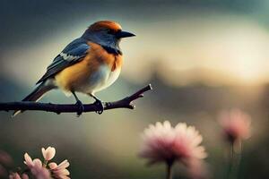 a bird sits on a branch with flowers in the background. AI-Generated photo