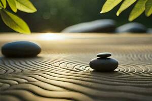 two stones sit on a sandy surface with green leaves. AI-Generated photo