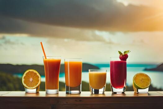 five different types of juices are lined up on a table. AI-Generated photo