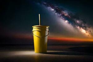 a yellow bucket with a straw sitting on the beach at night. AI-Generated photo