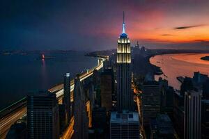 the empire state building is lit up at sunset. AI-Generated photo