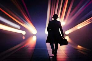 a man in a suit and hat walks through a tunnel with light trails. AI-Generated photo