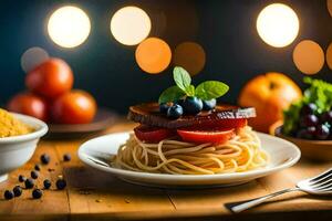 spaghetti with meat, tomatoes and vegetables on a table. AI-Generated photo