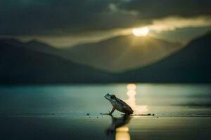 un rana soportes en el borde de un lago a puesta de sol. generado por ai foto