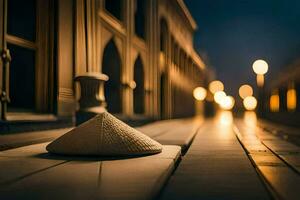 a hat sits on a wooden board in front of a building. AI-Generated photo