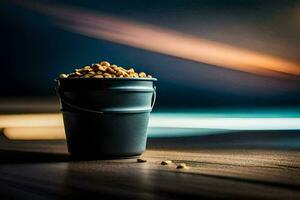 a bucket of peanuts on a table. AI-Generated photo