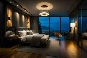 a modern bedroom with a view of the city. AI-Generated photo