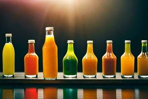 un fila de botellas de diferente de colores jugos generado por ai foto