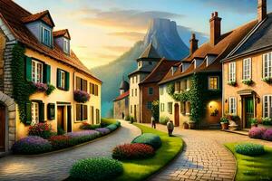 a painting of a small town with houses and flowers. AI-Generated photo