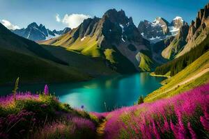 the lake is surrounded by purple flowers and mountains. AI-Generated photo