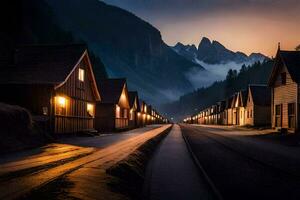 photo wallpaper the sky, mountains, fog, the road, houses, the road, the road. AI-Generated