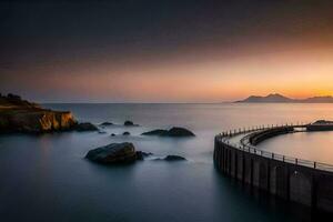 a long exposure photo of a pier at sunset. AI-Generated