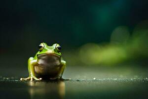 a frog sitting on the ground with a dark background. AI-Generated photo