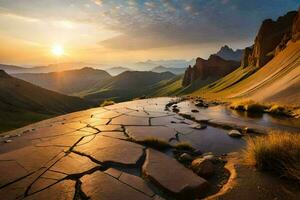 el Dom sube terminado el montañas en esta hermosa paisaje. generado por ai foto