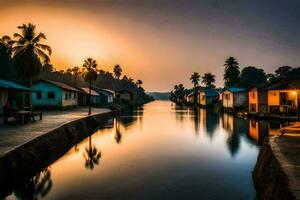 a canal with houses and palm trees at sunset. AI-Generated photo