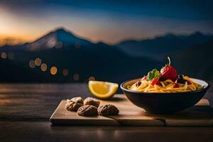 a bowl of pasta with a mountain view. AI-Generated photo