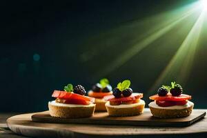 small appetizers on a wooden board with bright light. AI-Generated photo