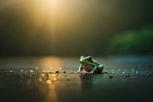 a frog sitting on the ground in the sun. AI-Generated photo