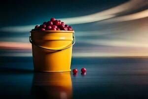 a bucket of cherries on a table with a blurry background. AI-Generated photo