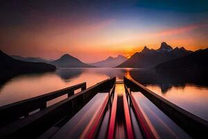 a boat is docked at the end of a pier in front of mountains. AI-Generated photo