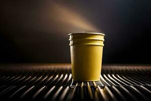 a yellow cup sitting on a grill. AI-Generated photo