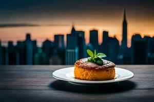 a dessert on a plate with a cityscape in the background. AI-Generated photo