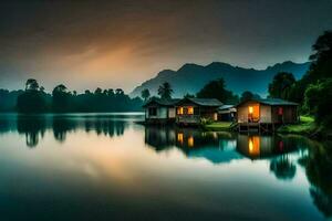 dos pequeño casas en el apuntalar de un lago a oscuridad. generado por ai foto