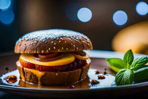 un hamburguesa con queso y tomate en un lámina. generado por ai foto