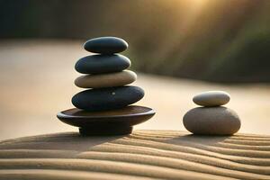 two stones are stacked on top of each other in the sand. AI-Generated photo