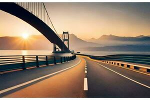 a bridge over a road with mountains in the background. AI-Generated photo