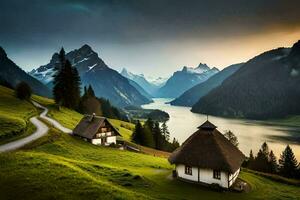 photo wallpaper mountains, the sky, lake, road, house, the road, the lake,. AI-Generated