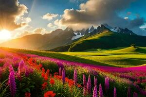 the sun shines over a field of flowers and mountains. AI-Generated photo
