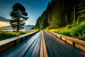 a wooden walkway leads to a lake and mountains. AI-Generated photo