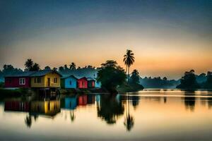 colorful houses on the water at sunset. AI-Generated photo