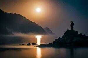 un hombre soportes en un rock con vista a el agua a noche. generado por ai foto